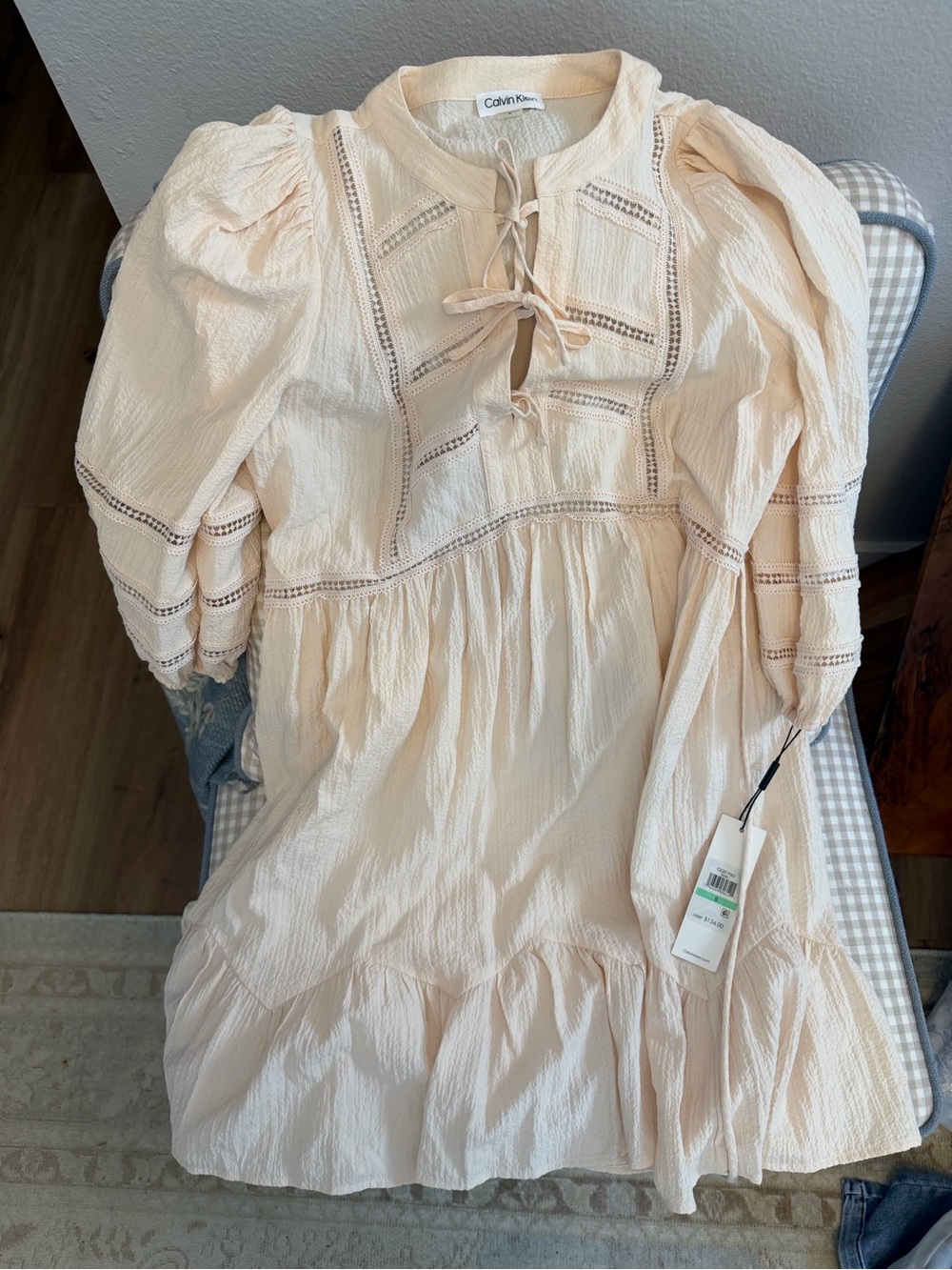 NWT Calvin Klein Cream Textured Tie-Front dress